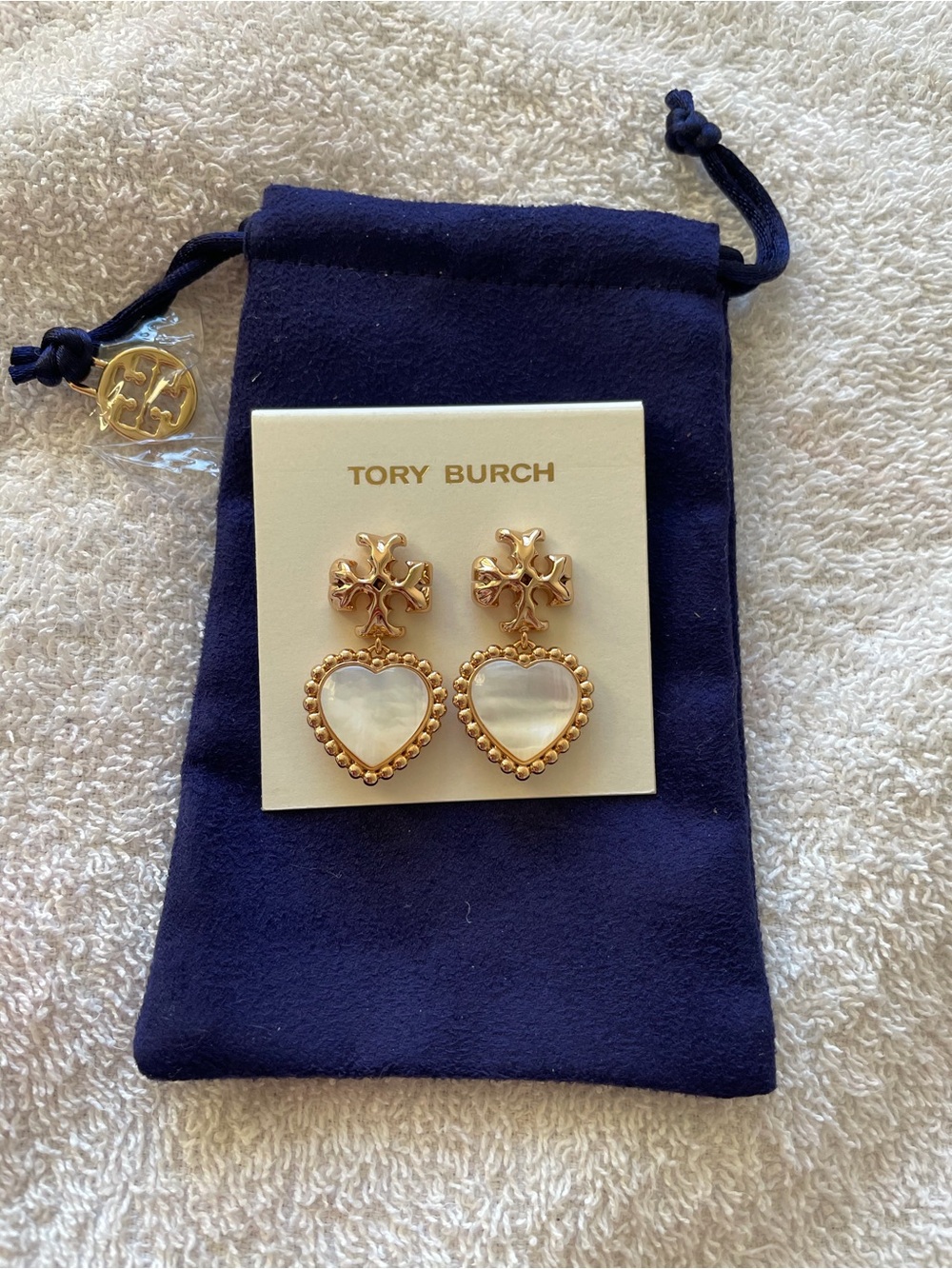 Tory Burch Gold and White Heart Drop Earrings